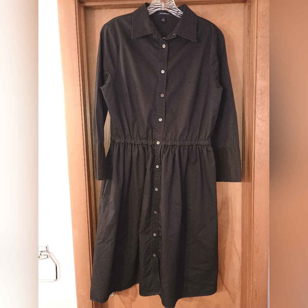 Lands End Classic Shirt Dress Size 8 Black 3/4 Sleeve Belt